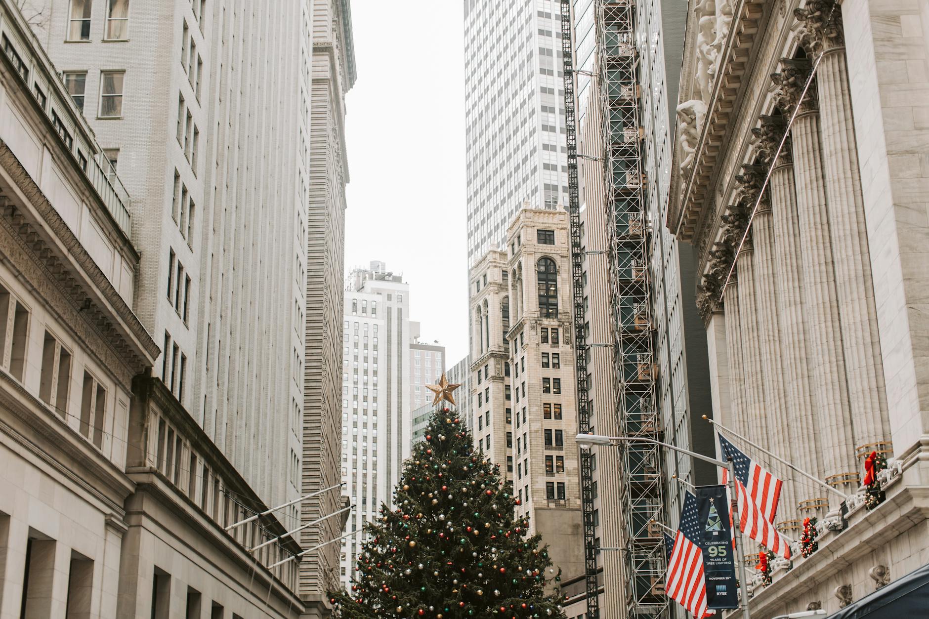 christmas tree near white concrete building on wall street